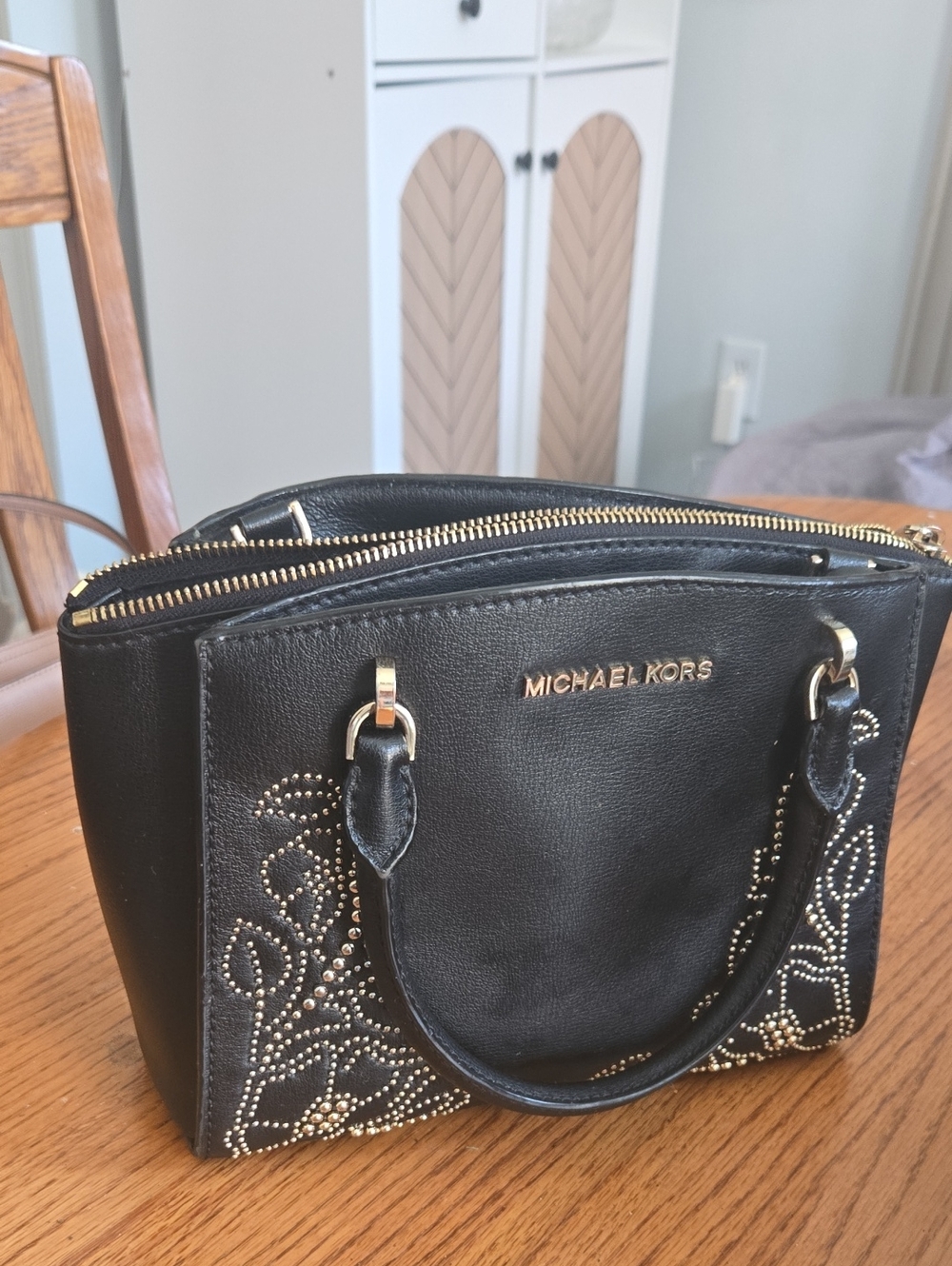 Michael Kors Black Leather Stud-Embellished Satchel